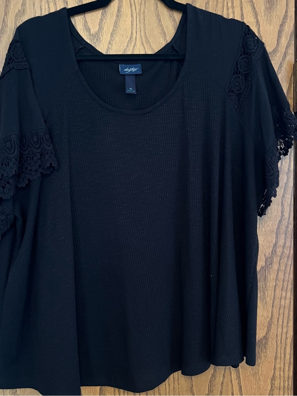 Daytrip Black Scoop Neck Top with Crochet Sleeve Detail